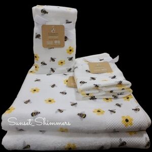 6pc Bath Hand Tip Towels Deborah Connolly Honey Bee Flowers Waffle Weave New